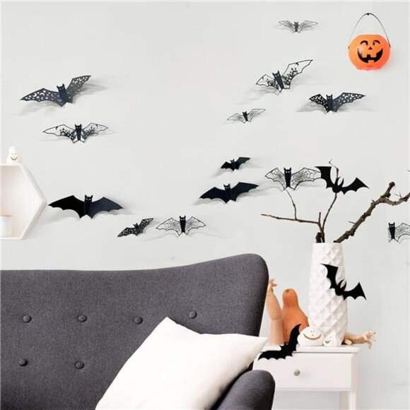 24Pcs Large Halloween Bats Decorations - 3D Self-Adhesive PVC Scary Wall Decor - Picture 6 of 8